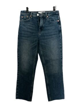 Topshop Women’s Cropped Straight Leg Jeans 26 Blue Raw Hem High Waist Denim